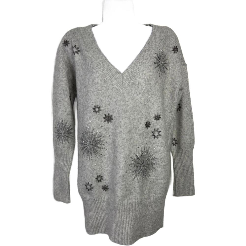 WHBM Women's Sz S Beaded Gray Wool Blend V-neck Sweater(1971)